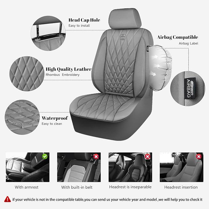 CAR PASS Piping Luxury PU Leather Two Front Car Seat Covers and 3 Pieces Heavy Duty Rubber Deep Dish All Weather Car Floor Mats, Universal Fit for 95% Sedan SUV Van Truck, All Gray