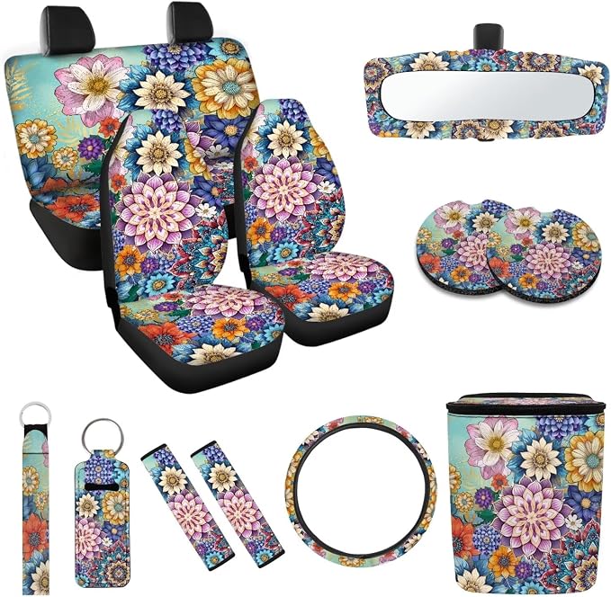 Multicolor Car Accessories Set: 12 Pack - Universal Fit Car Seat Cover Set - Polyester, Neoprene - Car, Van, SUV
