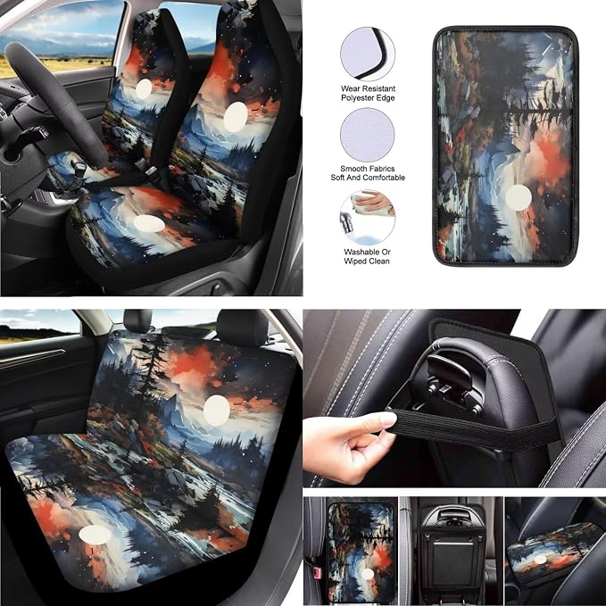 Landscape 13 Pcs Seat Covers Watercolor Mountain Landscape Full Set Print Non Slip and Soft Headrest Cover Car Pine Forest Cup Pad Fit for Car,Truck,Van,SUV