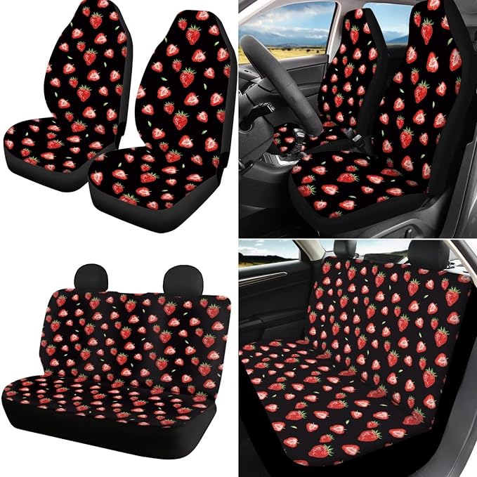 18Pcs Strawberry Car Seat Cover Set with Steering Wheel Cover,Headrest Protector, Car Cup Holder Coasters,Seat Belt Pads Armrest Pad Handbrake Protector and Key Chain