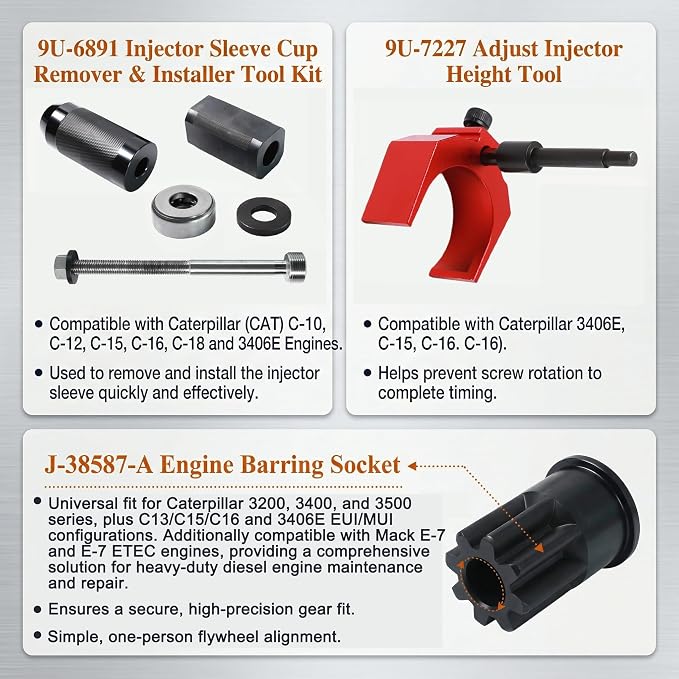 Injector Sleeve Remover Kit for CAT 3406E C15 C16, 9U-6891 Cup Puller, J-42083 Timing Pin, 9U-7227 Height Gauge, J-38587-A Barring Socket, Heavy Duty Engine Maintenance Tool Set (9-Piece)