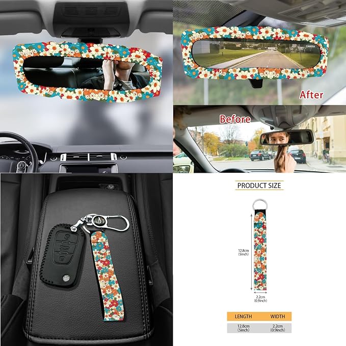 Hippie Floral Print Car Front Back Seat Covers Set of 15 Steering Wheel Cover Seat Belt Strap Cover Trash Cans Air Vent Storage Holder Cup Holder Rearview Mirror Covers Key Chain