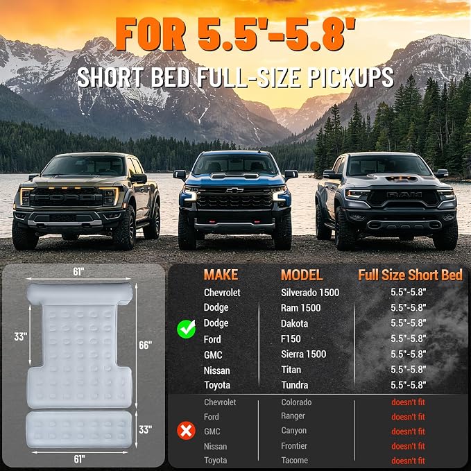Comfortable Fabric Texture Truck Bed Mattress 5.5-5.8ft for Full-Size Pickup with extender, Truck Bed Air Mattress Customized for Tundra/ F150/ Silverado/ Ram1500, with Bult-in-Air Pump,Camping