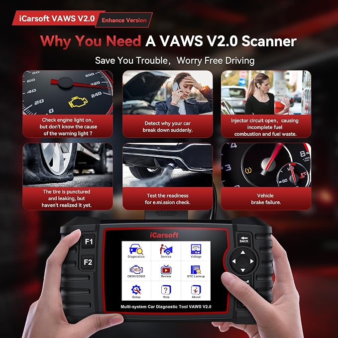 iCarsoft VAWS V2.0 2026 Ver All System Diagnostic Tool for VW Audi Bentley Bugatti Seat Man LD Skoda Etc 9 Services Live Data Battery Test OBD2 Scanner Lifetime Free Update Check Engine Code Reader