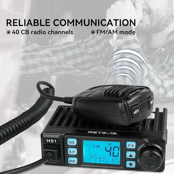 Retevis MB1 CB Radio Kit, Noise Cancellation AM/FM Mini CB Radio with Antenna, 12V/24V Cigarette Lighter Plug, 7-Color Screen, Emergency Channel 9/19, VOX, Auto-Scan, for Truckers