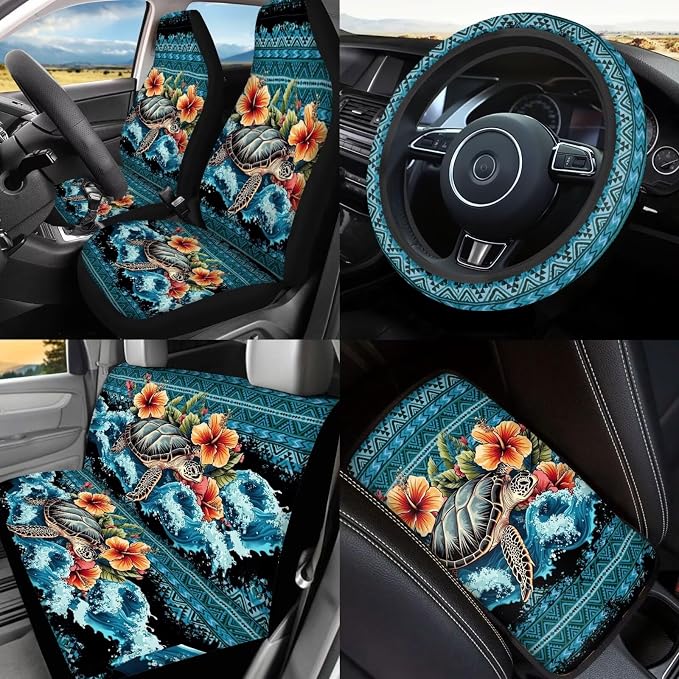 Sea Turtle Car Seat Covers Full Sets of 17 Pcs Navajo Sea Turtle Car Accessories Set for Women with Animals Print Auto Headrest Cover,Vehicle Trash Bag Universal Automotive Interior Decor