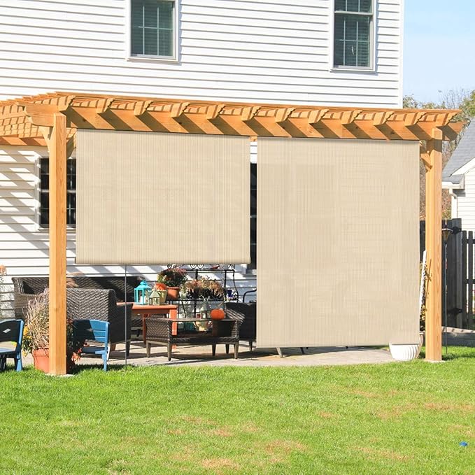 Coarbor Outdoor Roll up Shades Blinds for Porch Patio Exterior Roller Shade Privacy Screen for Deck Pergola Gazebo Beige 7'W x 11.5'H