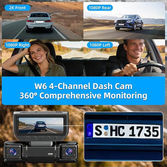 W6 4 Channel Dash Cam 360° Recording Dash Cam for Cars 2K Front + 1080P Rear & Side Cameras 5GHz WiFi & App Control, Night Vision, G-Sensor, Parking Monitor, 64GB SD Card Included