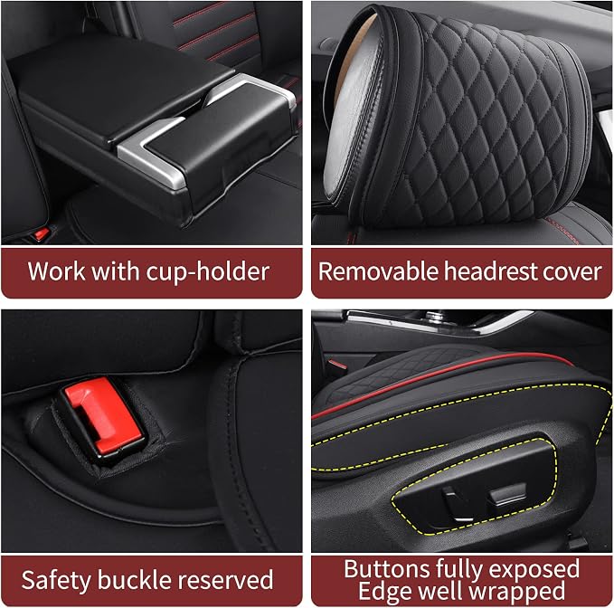 Aierxuan Waterproof Leather Car Seat Covers Universal Fit for Toyota Honda Accord Altima Civic Rogue Ford Focus Fiesta Fusion Escape Explorer Ranger Infiniti Mazda Audi (Full Set/Black-Red A)