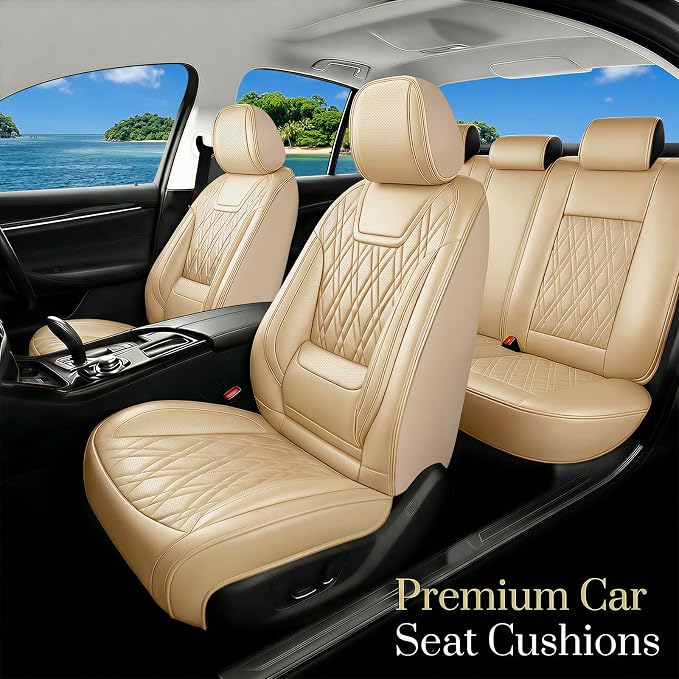 Car Seat Covers Compatible with Ford Taurus 2002-2019 - Full Set 5 Seats Luxury Leather All-Weather Seat Cushions & Protectors, Waterproof & Breathable, Airbag Compatible (Beige)