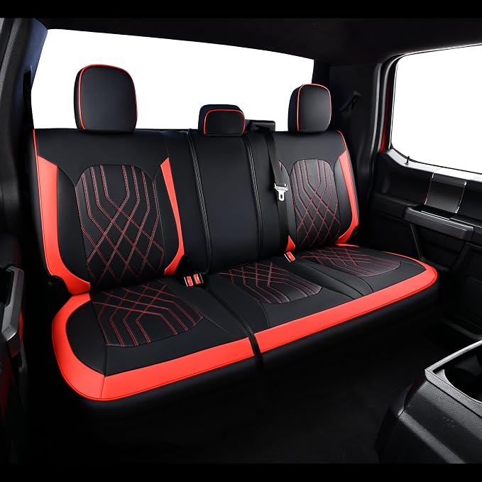 Ranger Seat Covers, for 2019-2023 Ford Ranger XLT XL Lariat Crew Cab, Napa Leather Seat Protector (Full Set, Black&Red)