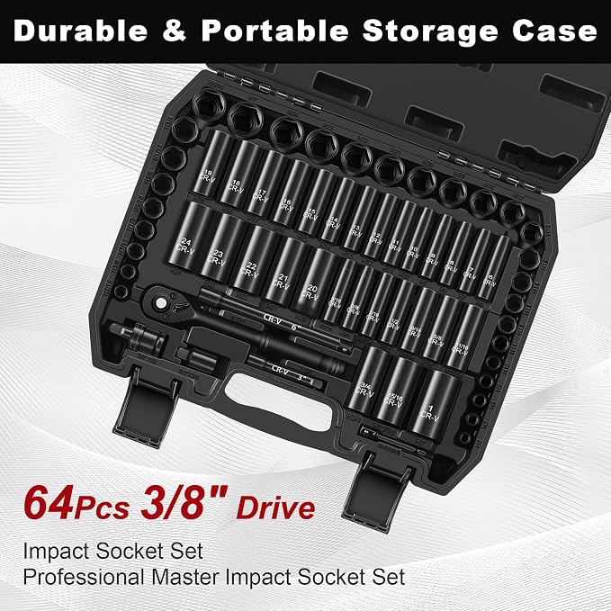 Aloanes 3/8" Drive Impact Socket Set, 64-Piece Deep & Shallow SAE (5/16"-1") & Metric (6mm-24mm) Sockets, 72-Tooth Ratchet Wrench, Universal Joint&Power Drill Adapter&Extension Bars