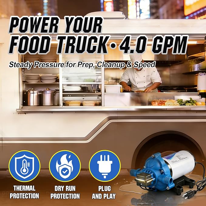 DC HOUSE 110V RV Camper Water Pressure Diaphragm Pump, 4GPM 50PSI 33-Series, On Demand Fresh Water Pump with Pressure Switch for Bathroom Shower Kitchen Sink, Food Truck & Marine Use