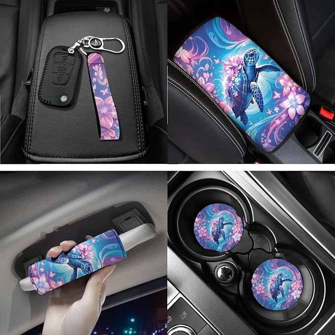 18 Pcs Pink Turtle Car Interior Accessories for Women, Car Seat Covers Full Set with Steering Wheel Cover Floor Mats Seat Belt Pads Armrest Pad Roof Handle Wraps Cup Coasters Keychains