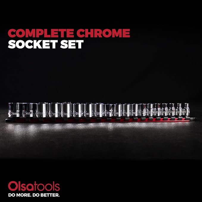 Olsa Tools Metric Shallow Socket Set - 3/8-Inch Drive, 19pc - 6-Point Chrome Sockets from 6mm–24mm and No Skipped Sizes - Mechanic Shallow Metric Socket Set - Professional Grade Sockets - Part: 1328