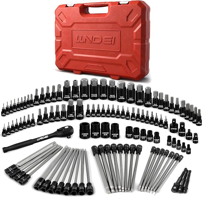 LLNDEI 115-Piece Torx & Allen Bit Socket Set, 1/4",3/8"and 1/2" Drive, Extra Long Torx//Tamper Proof Torx/Hex/Ball End Hex Socket Set, S2 Steel, SAE/Metric, with Ratchet Wrench & Adapters