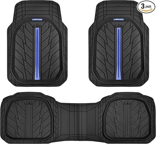 CAR PASS Tire Tread DeepDish Rubber Floor Mats for car Heavy Duty car mats All Weather, Universal XL~M Trim to Fit for Truck SUV Vehicle Automotive, Waterproof car mats 3 Piece(Blue Black)