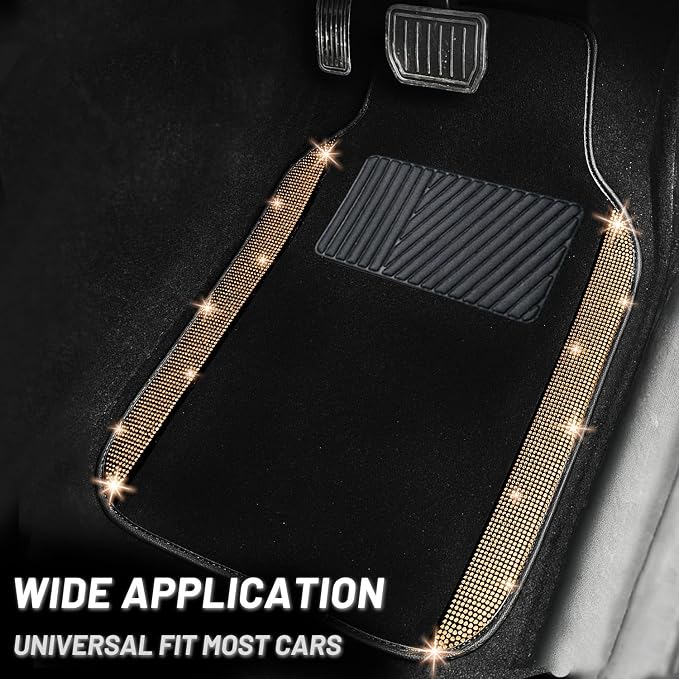 NBTEPEM Bling Car Floor Mats Full Set, Universal Fit Most Cars,SUV, Trucks, 4 pcs Sparkle Glitter Diamond Carpet for Women Girls with Anti-Slip Pad (Champagne Diamond)