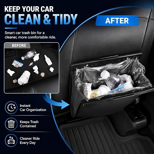Car Trash Can Leak-Proof, 4 Pack Black Large Capacity Auto Trash Bin with Magnetic Opening, Multi-Purpose Open-Top Car Organizer for Backseat, Console, Door, Phone, Drinks, and Small Items