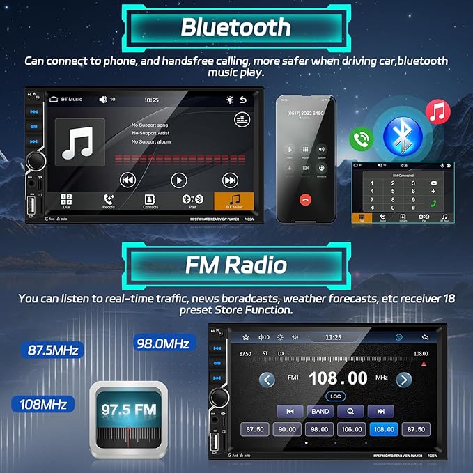 Motoris 7" Car Stereo with Wireless CarPlay & Android Auto, 4+64G Retactable Touchscreen Bluetooth Radio with GPS, Mirror Link, WiFi, Dual USB, Split-Screen, FM Radio, EQ, SWC + Backup Camera