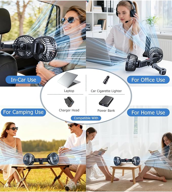 Dual-Head Rear Seat Car Fan, Powerful Airflow, 360° Rotation, Blows Both Left & Right, Adjustable Angle, Perfect for Pets, Front & Back Seats, USB & 12V/24V Powered