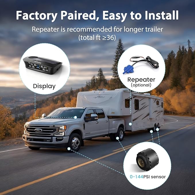 Tymate TM3 RV Tire Pressure Monitoring System, Tire Pressure Monitor with Solar Charge, TPMS with 4 Sensors(Max to 10) & 6 Alarm Modes, Updated w/Color LCD Display, 0-144PSI for RV/Trailer/Truck