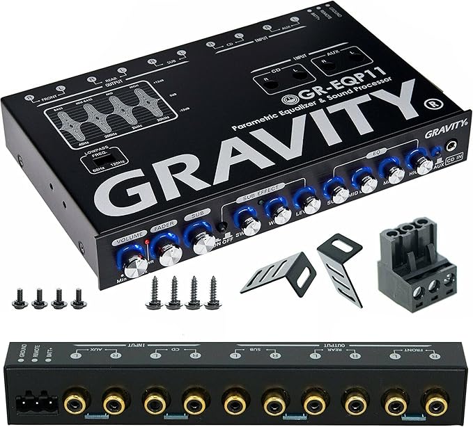 Gravity GR-EQP11 Digital Bass Machine 1/2 Din 9V 4-Way Car Parametric Equalizer w/Front, Rear + Sub Output and Night Illumination