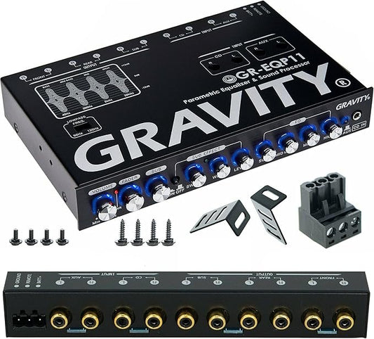 Gravity GR-EQP11 Digital Bass Machine 1/2 Din 9V 4-Way Car Parametric Equalizer w/Front, Rear + Sub Output and Night Illumination