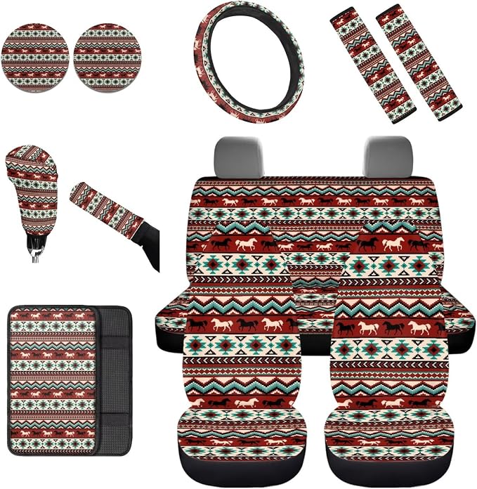 Dreaweet Navajo Seat Covers for Cars Full Set Native Tribal Horse Car Accessories Seat Covers with Steering Wheel Cover/Armrest Cover/Seatbelt Covers/Cup Holders/Gear Shift Cover/Handbrake Cover,12Pcs
