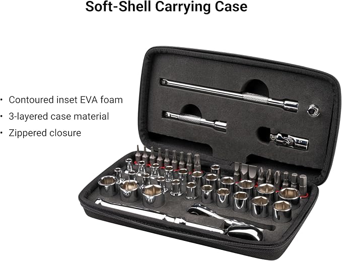 TEKTON 1/4 Inch Drive 12-Point Small Engine Shallow Socket, Bit, and Quick Release Ratchet Set with Case (50-Piece) | SKT07906