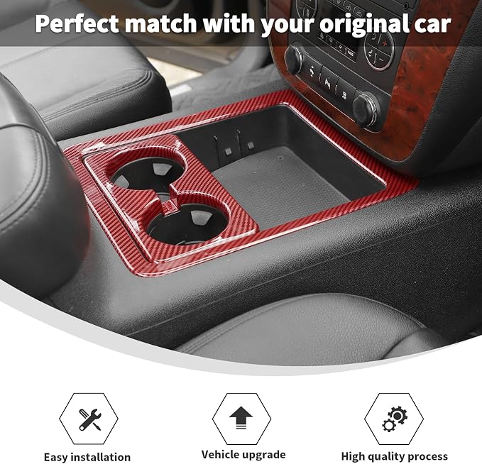 Linskip Non-Covered Center Console Cup Holder Trim Compatible with 2007-2013 Chevy Avalanche Silverado Suburban Tahoe & GMC Yukon/Sierra, Cup Holder Trim, Interior Accessories Red Carbon Fiber