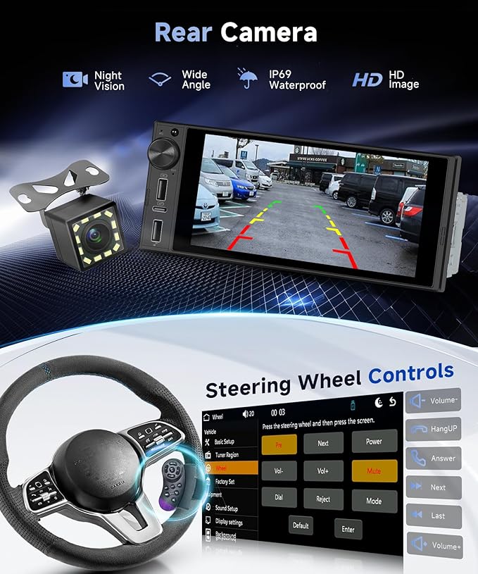 Single Din 6 Inch Incell Touch Screen Car Stereo Wireless CarPlay Android Auto with Backup Camera Mirror Link Bluetooth FM USB EQ SWC