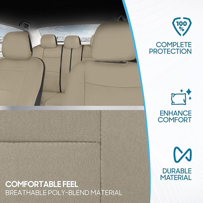 BDK PolyPro Car Seat Covers Full Set in Solid Beige, Front and Rear Split Bench Seat Covers for Cars, Easy to Install Car Seats Cover Set and Accessories for Auto Trucks Van SUV - Solid Beige
