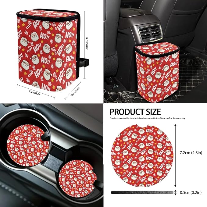 Suobstales Santa Claus Candy Star Print Car Seat Covers Christmas Decor Set of 13 with Universal Steering Wheel Cover, Rearview Mirror Cover, Car Trash Can, Seatbelt Pads, Coasters, Keychains
