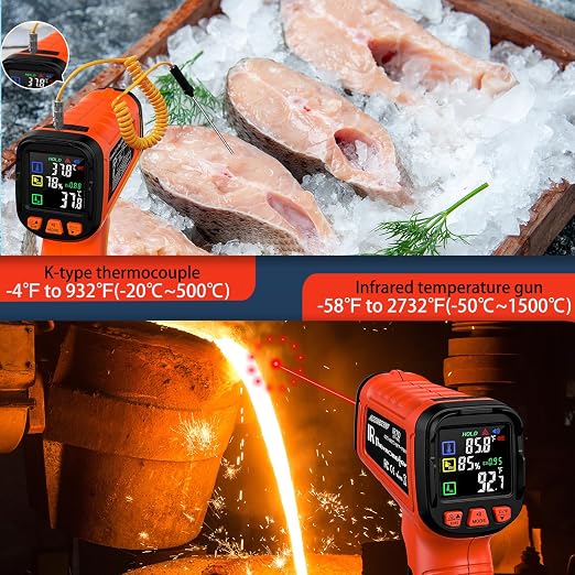 Infrared Thermometer Gun, -58°F to 2732°F, Dual-Mode 50:1 | 932°F K-Type Probe Included，Protective Tool Case Included，Industrial HVAC & Equipment Diagnostics