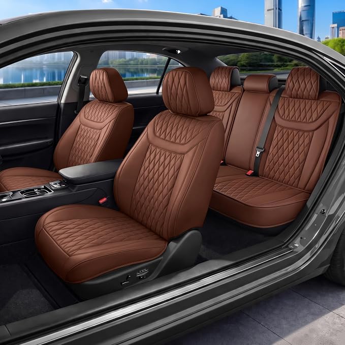 MotorBox Creekstone Series – PU Leather Car Seat Covers Full Set, Cross-Stitch Edition Leather Seat Covers, Diamond Stitched PU Leatherette Brown Seat Covers for Cars Trucks SUVs