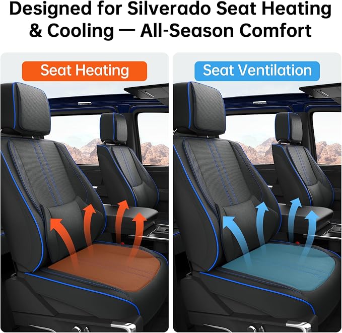 W&PMAX Custom-Fit Front Seat Covers for Chevy Silverado 1500 (2014–2019), Blue Front Set, Waterproof Leather, Airbag Safe, Easy Install