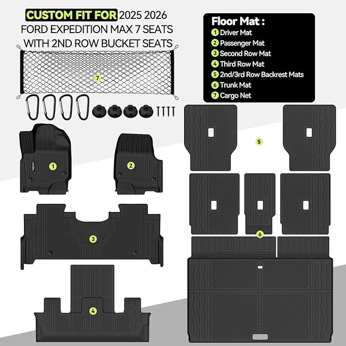 Tongama-Floor Mats for 2025 2026 Ford Expedition Max 7 Seats with 2nd Row Bucket Seats, All Weather TPE Trunk Mat and 2nd & 3rd Backrest Mats Protectors and Cargo Net for Ford Expedition Accessories