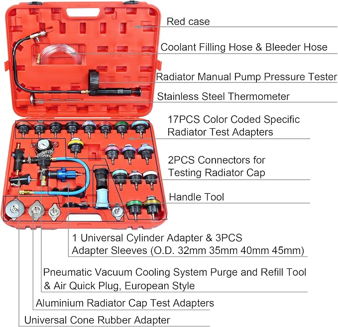 YSTOOL Radiator Pressure Tester Coolant Vacuum Refill Kit 33PCS Automotive Cooling System Leak Test Pneumatic Water Tank Purge Fill Tool Set with Gauge Adapter Cap Universal for Auto Car Airlift
