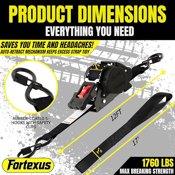 Retractable Ratchet Straps 1'' x 12ft Tie Downs Automatic Retractable Ratchet Straps 1760lb Break Strength for Trailer,Motorcycle,Scooter,Pickup Truck,UTV,Kayak (Black Red,2 Pack)