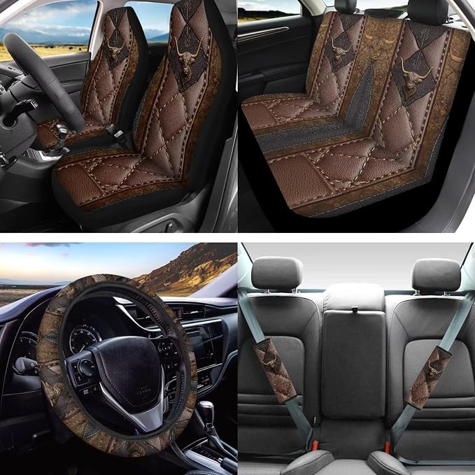 Lotusorchid 16 Pcs Car Seat Covers Protector, Highland Cattle Print Auto Seats Covers with Steering Wheel Cover Car Armrest Box Pad Vehicle Seat Belt Pad Headrest Cover for Cars, Easy to Install