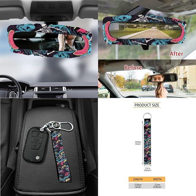 Skull Surfing Print Car Accessories Set Car Seat Covers Steering Wheel Covers Seatbelt Strap Cover Garbage Cans Air Vent Storage Bag Rear View Mirror Cover Cup Holder Key Chain, 15 Pcs