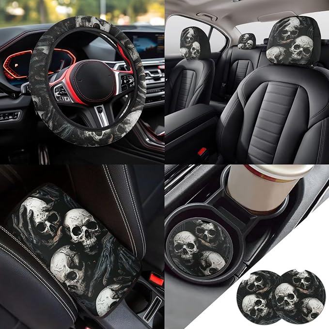 Horror Skeleton Pattern Auto Seat Cover Set of 13, Car Front & Back Seat Cover with Steering Wheel Cover, Seat Belt Covers Cup Holder Keychain, Fit for Most Cars SUV
