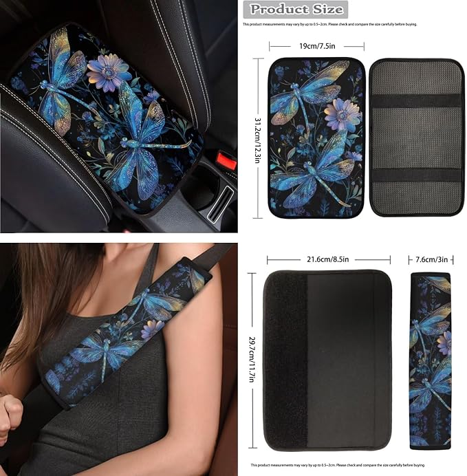 Blue Floral Dragonfly Car Seat Covers Full Set 15 Pcs Universal Seat Covers Front and Back with Steering Wheel Cover Seat Belt Pad Trash Can Car Headrest Pillow Covers Armrest Pad