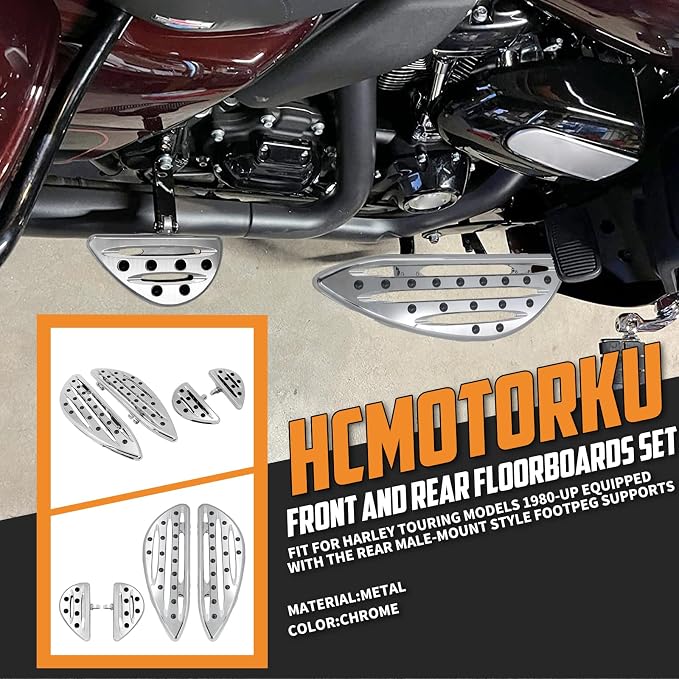 Floorboards Set Driver Passenger Footboards Front Rear Foot Pegs CNC Fit For Harley Touring Road Glide Street Glide Electra Glide Softail Dyna (Chrome)