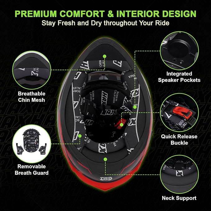 HAX Obsidian Dual Visor Full Face Motorcycle Helmet DOT/ECE 22.06 Approved, Pinlock & Bluetooth Ready, Aerodynamic Spoiler for Powersports Street Bike Racing, Unisex Adult (Matte Black Red, XXL)
