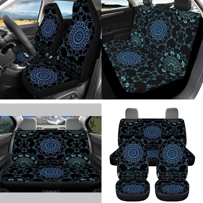 Blue Mandala Floral Car Accessories Car Seats Cover Protector, Steering Wheel Covers, Seatbelt Cover, Car Trash Can, Cup Coasters, Rearview Mirror Cover, Keychains, Pack of 15