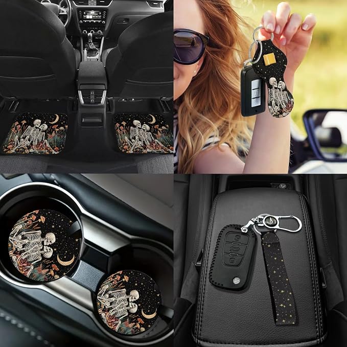 Skull Skeleton Car Accessories Set 17 Pack,Skeleton Skull Car Seat Covers Full Sets with Front and Split Rear BenchVehicle Front Rear Carpets Mats,Seat Belt Shoulder Pad Universal Fit Car