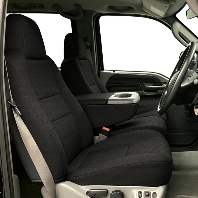 40/20/40 Split Seat with Molded Headrest Front Seat Covers for Ford F250 F350 F450 F550 2002-2010 40/20/40 Split Seat with Molded Headrest and Shoulder, Knitted Fabric Soft Foam - Black