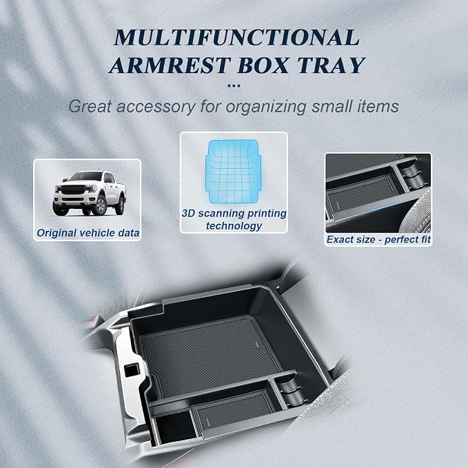 BIBIBO 4Pack for 2025 2026 Ford Ranger Center Console Organizer 2024 2025 2026 Ford Ranger (XL/XLT/Lariat/Raptor) Console Hanging Organizer Tray+Cup Holder+Central Armrest Storage Box